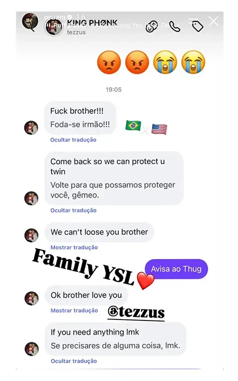 Captura de mensagens de apoio de Tezzus, da YSL, a Oruam, publicada nos stories do rapper